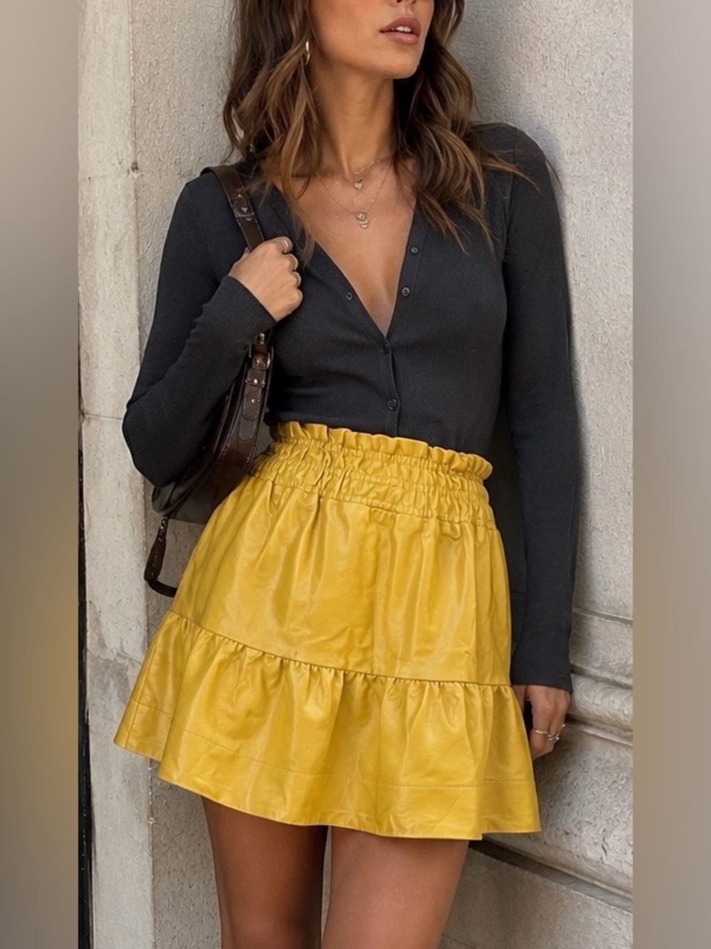 Anthropologie “Somerset” Faux Leather Tiered Mini Skirt Mustard Yellow | Small